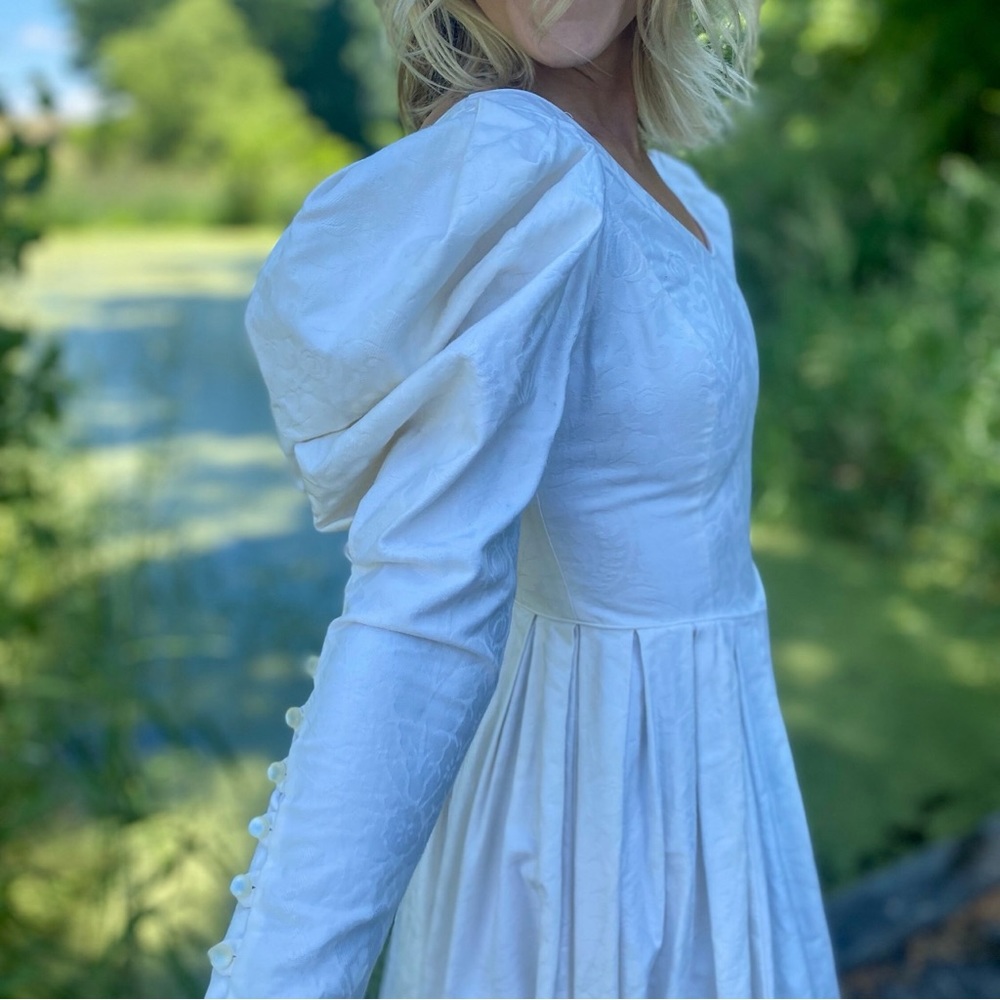 80s Vintage Laura Ashley Cottagecore Prairie White Dress Puff Sleeves US8 / UK10 - Picture 3 of 11